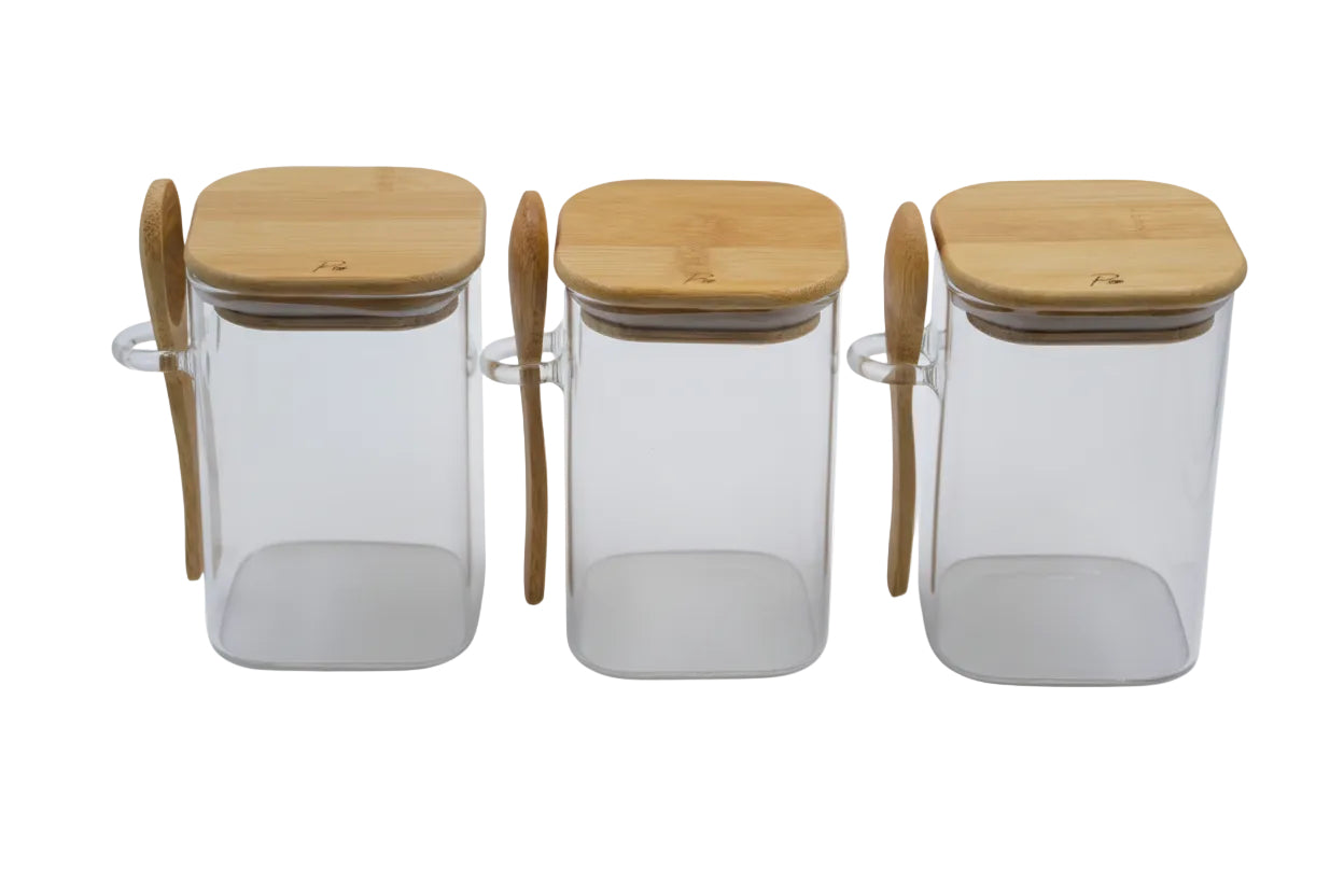 3-Piece Square Glass Jar Set - 600ml